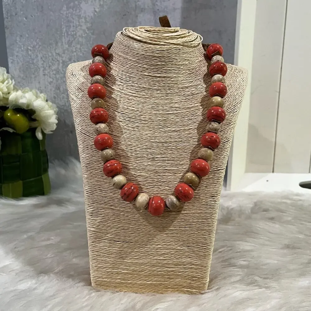 NEW Sundance Vintage Bohemian Glazed Stone Suede Coral Sunset Statement Necklace